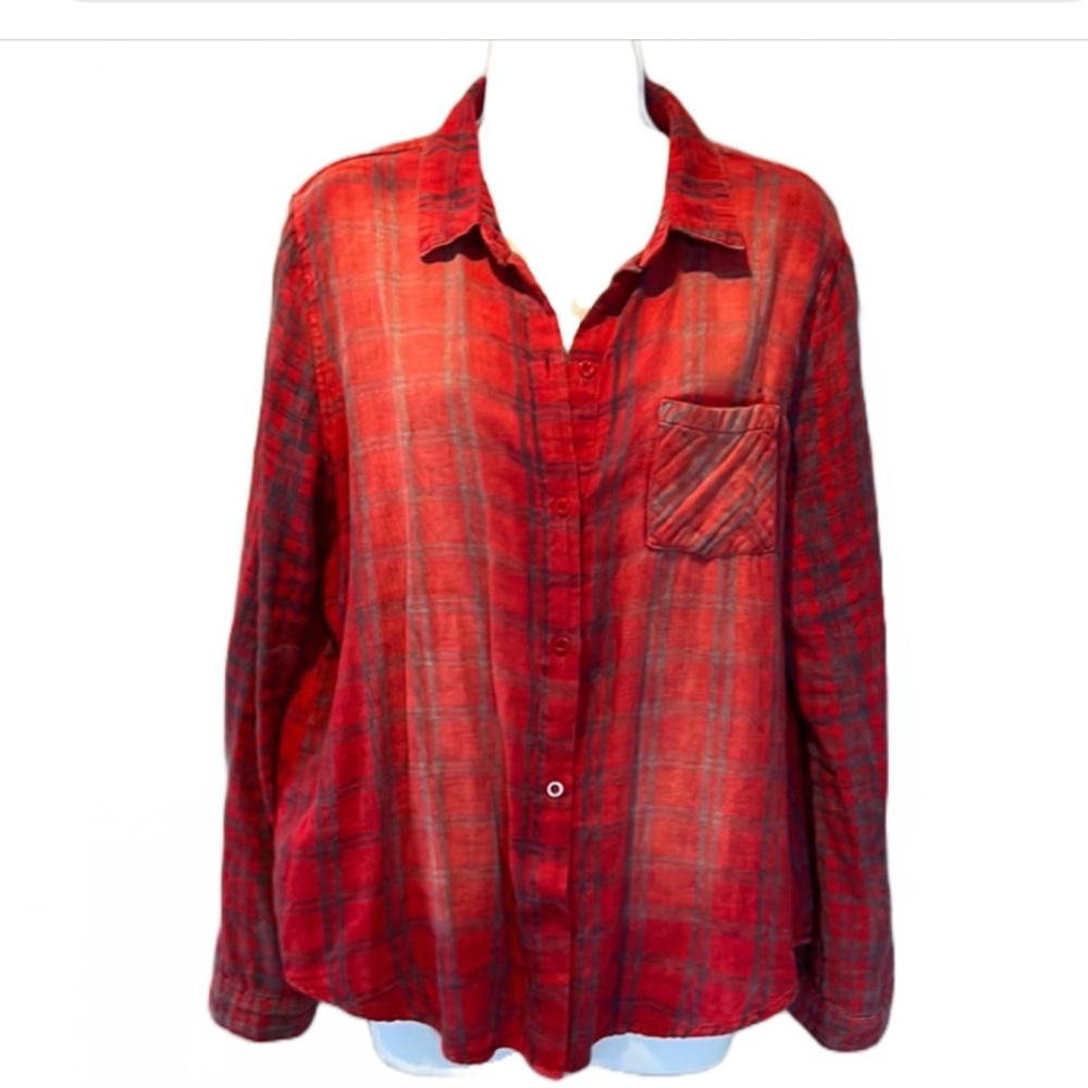 Distressed Paper Crane Red & Blue Plaid Flannel Button Down shirt